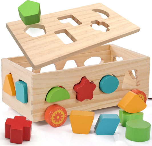 Jessruly Shape Sorter – Montessori Wooden Learning Shapes Toy with 17 Shape Blocks