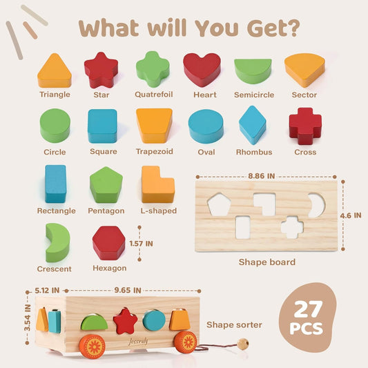 Jessruly Shape Sorter – Montessori Wooden Learning Shapes Toy with 17 Shape Blocks