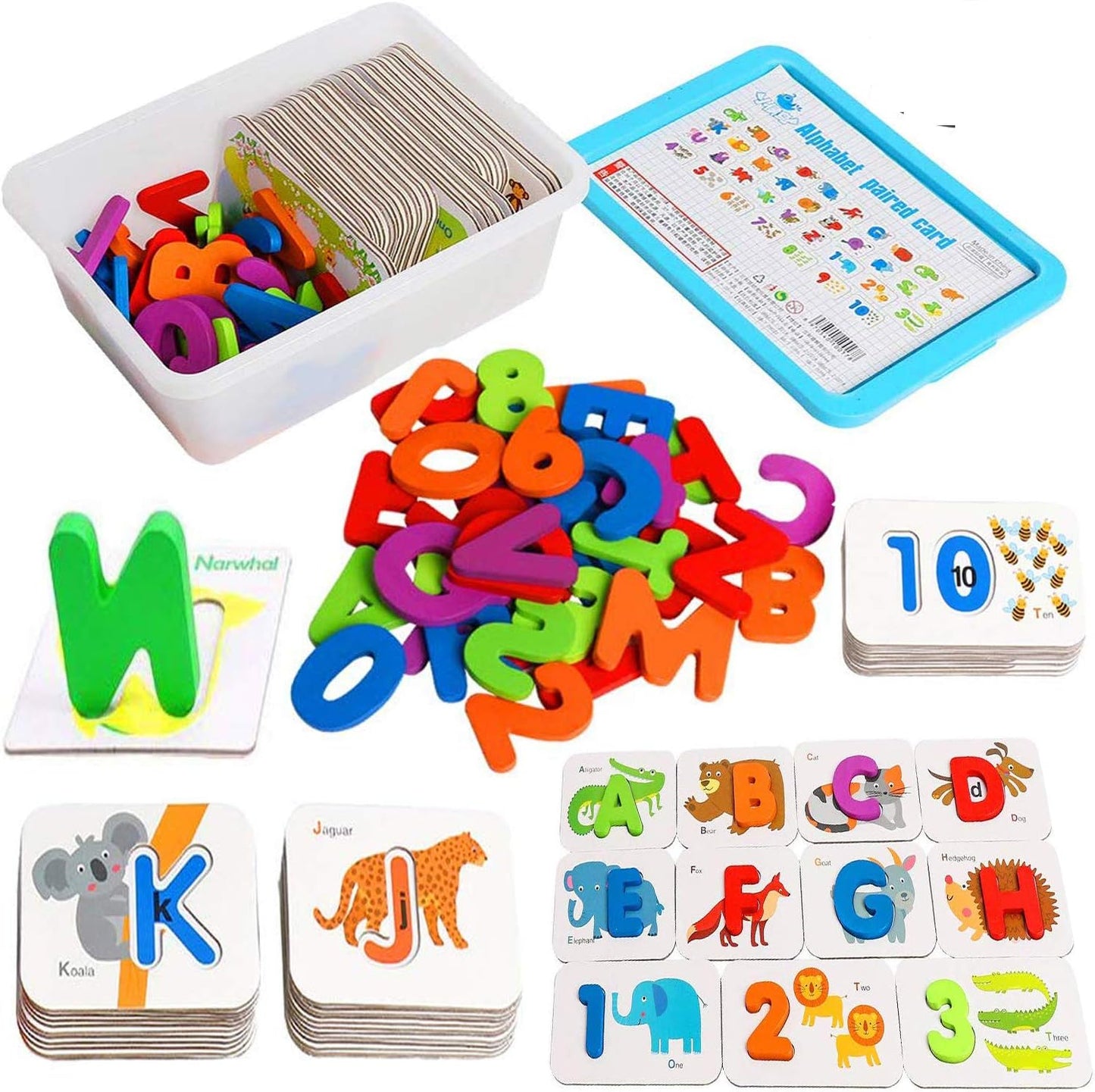 73pcs Numbers and Alphabets Flash Cards Set – ABC Wooden Letters & Jigsaw Numbers Animal Flashcards