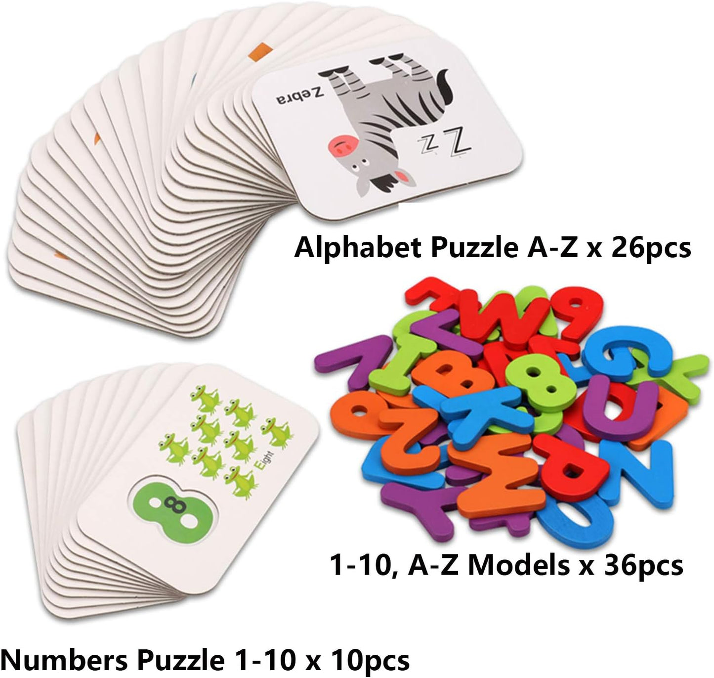 73pcs Numbers and Alphabets Flash Cards Set – ABC Wooden Letters & Jigsaw Numbers Animal Flashcards