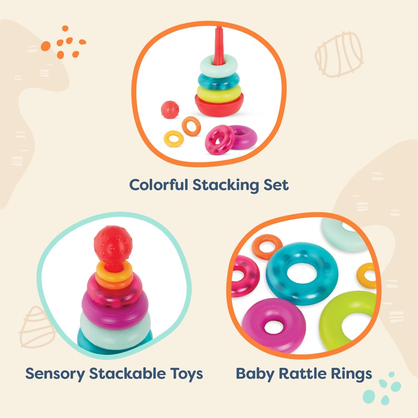Colorful Stacking Rings Teether – Soft Textured Sensory Rattle for Babies 6+ Months