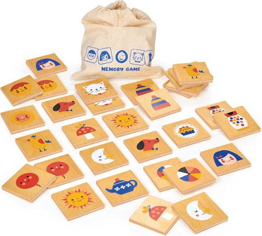Mentari Toys – Wooden Memory Game, 32-Piece Matching Set with Illustrated Tiles & Fabric Bag (Age 3+)