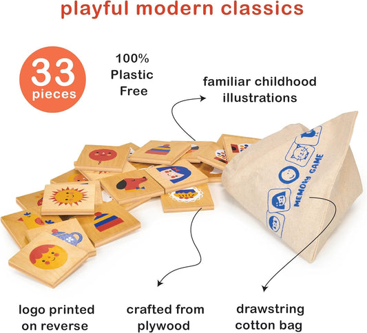 Mentari Toys – Wooden Memory Game, 32-Piece Matching Set with Illustrated Tiles & Fabric Bag (Age 3+)