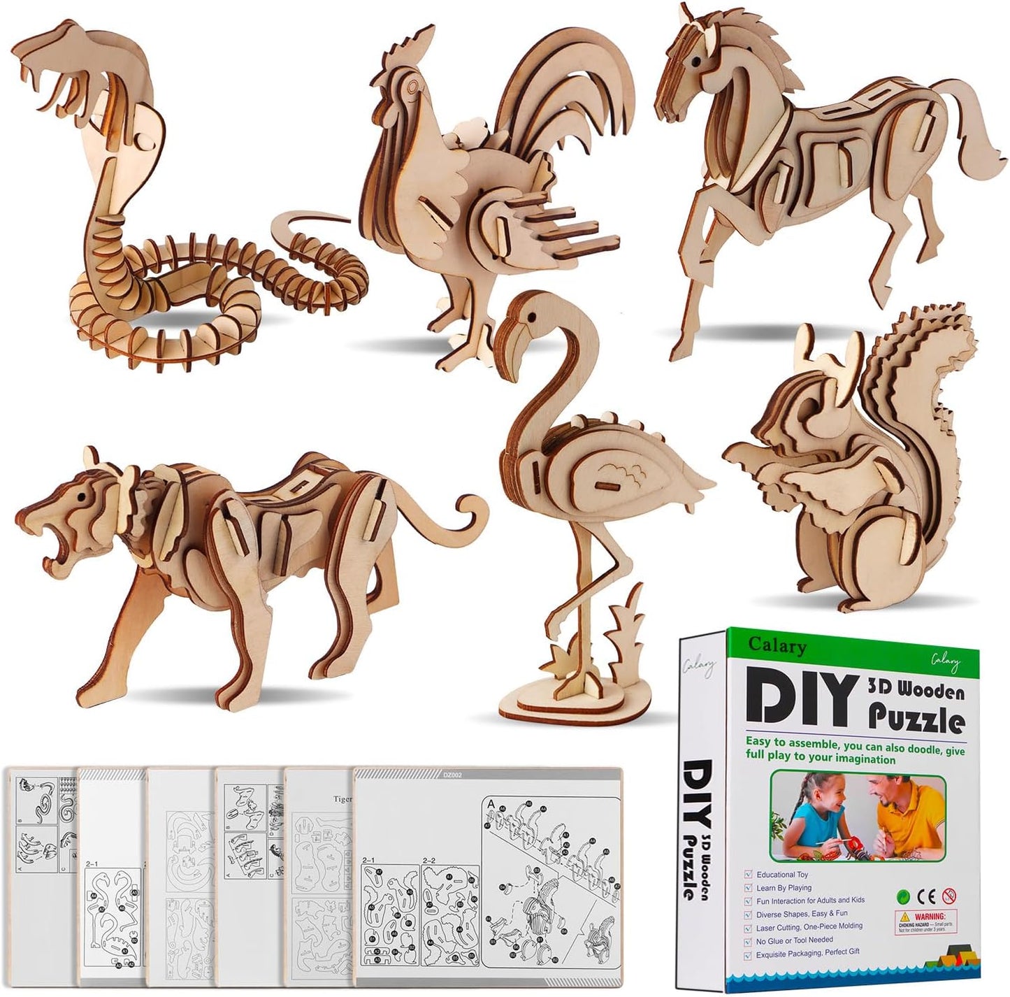 calary 3D Wooden Puzzle – Dinosaur Simulation DIY Assembly Model Toy Set (6-Pack)