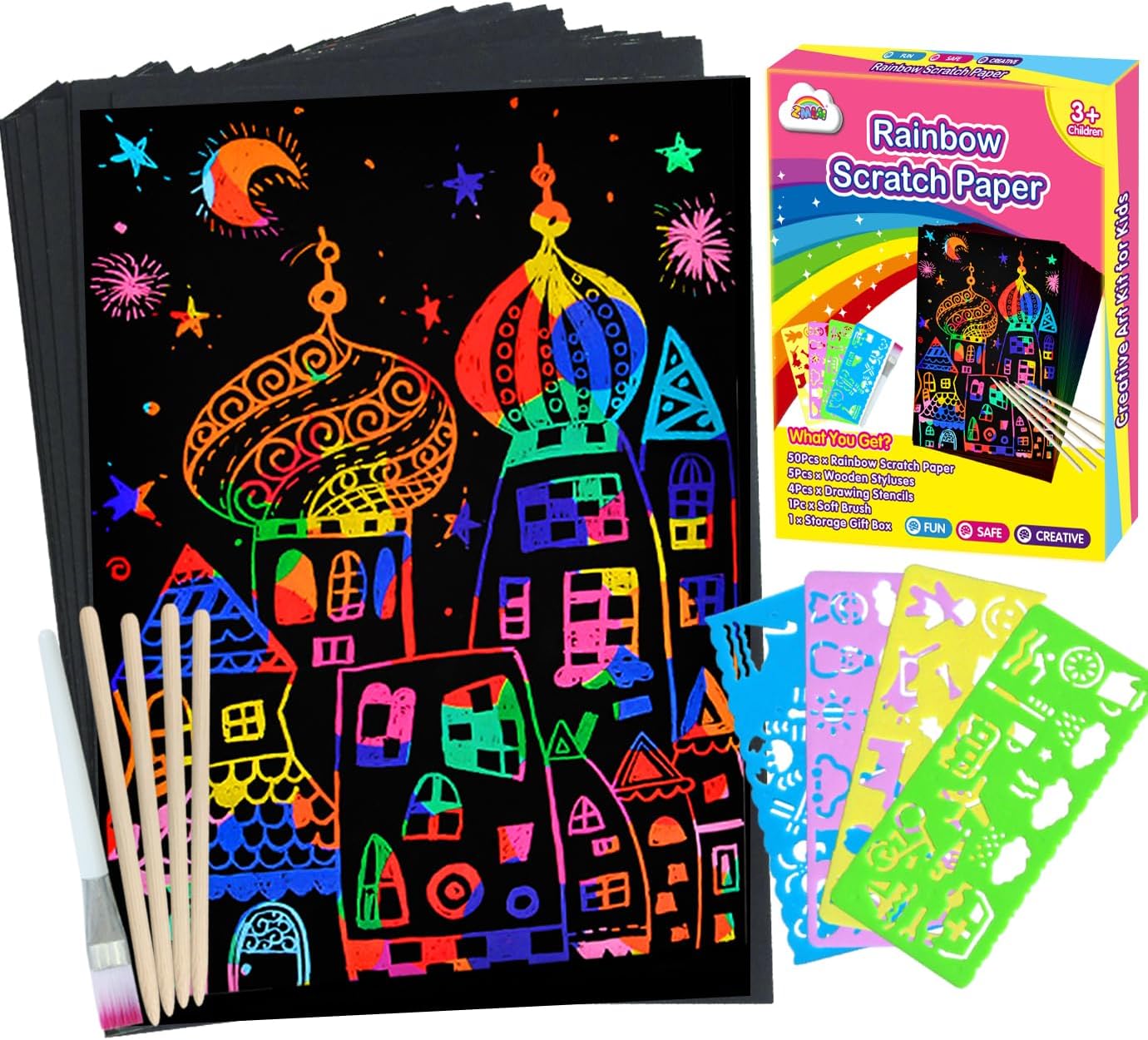 ZMLM Scratch Art Crafts – 60 Rainbow Scratch Paper Art Set for Kids Ages 3–10